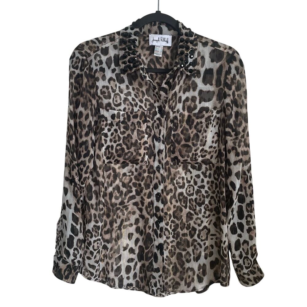 Joseph Ribkoff Animal Print Blouse Sz 8 Embellished Collar Long Sleeves Chic